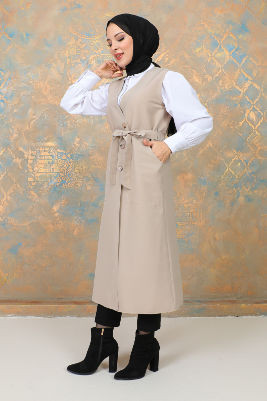 uzun yelek kemerli -TRENÇKOT Bej - 10002 - 8
