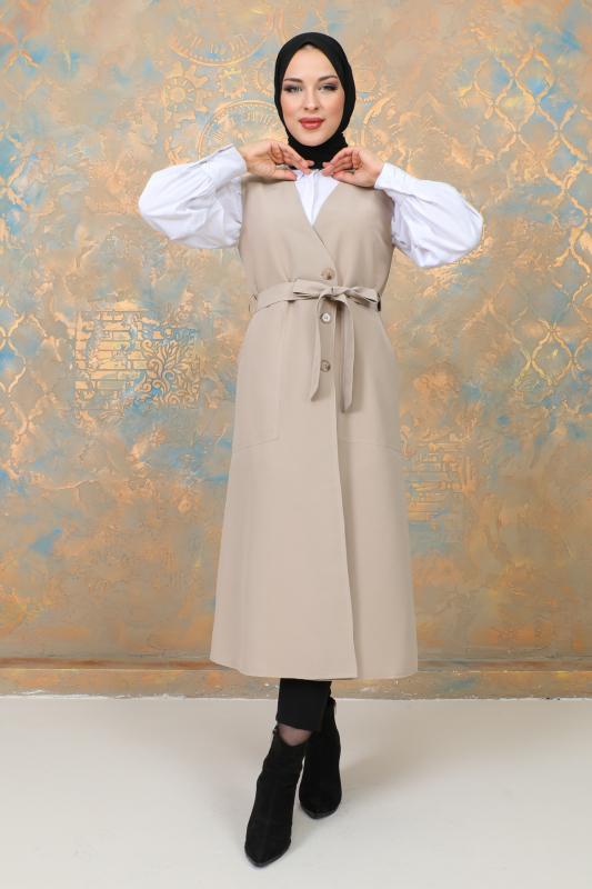 uzun yelek kemerli -TRENÇKOT Bej - 10002 - 9