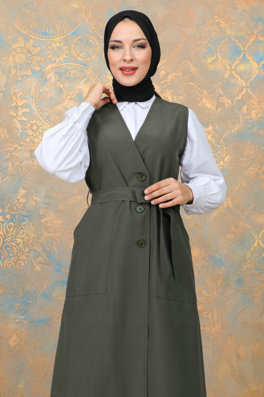 uzun yelek kemerli -TRENÇKOT Haki -10002 - 1