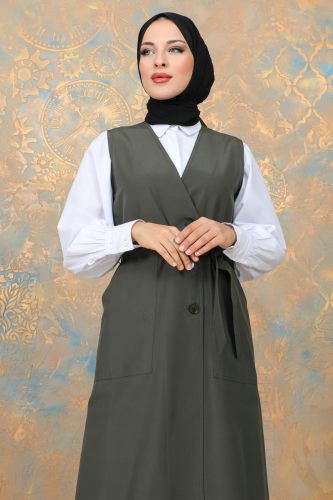 uzun yelek kemerli -TRENÇKOT Haki -10002 - Kadeem Giyim (1)