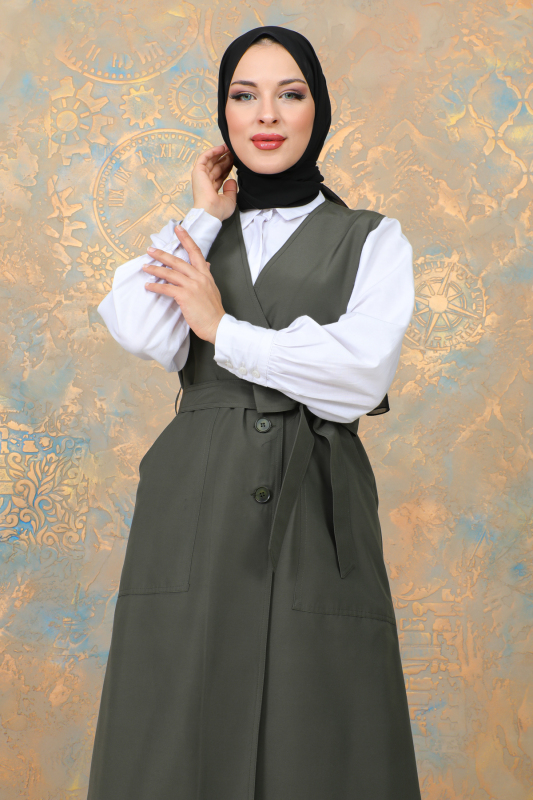 uzun yelek kemerli -TRENÇKOT Haki -10002 - 3