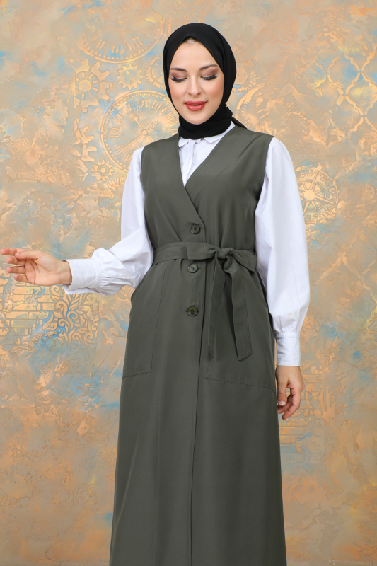 uzun yelek kemerli -TRENÇKOT Haki -10002 - 4