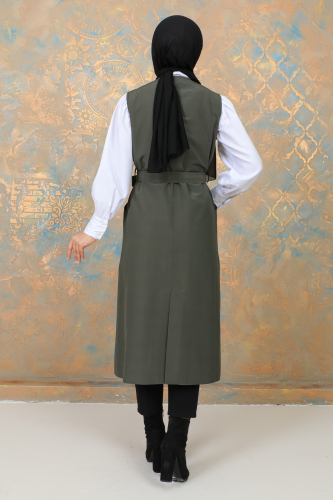 uzun yelek kemerli -TRENÇKOT Haki -10002 - 5