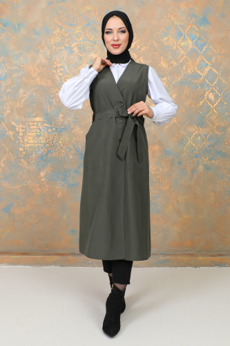 uzun yelek kemerli -TRENÇKOT Haki -10002 - 6