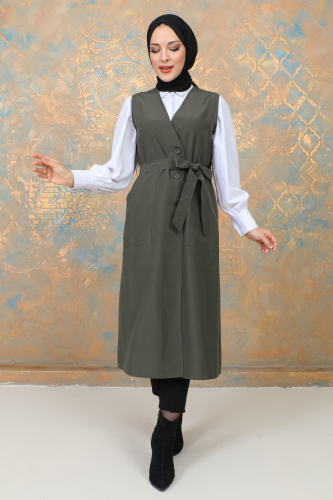 uzun yelek kemerli -TRENÇKOT Haki -10002 - 7