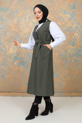 uzun yelek kemerli -TRENÇKOT Haki -10002 - 8