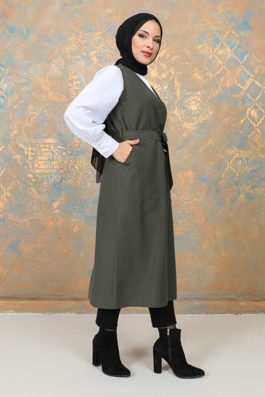 uzun yelek kemerli -TRENÇKOT Haki -10002 - 9
