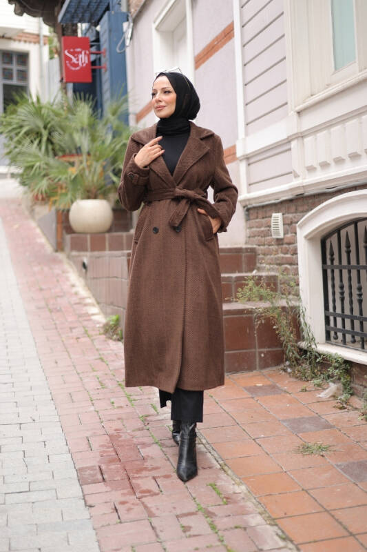 Zühre Kuşaklı Balık Sırtı Kaşe Kahverengi - 7001 - 4