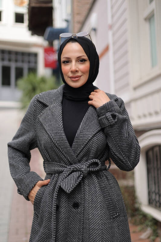Zühre Kuşaklı Balık Sırtı Kaşe Siyah- 7001 - 6