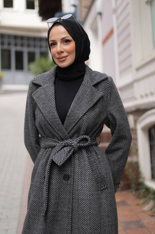 Zühre Kuşaklı Balık Sırtı Kaşe Siyah- 7001 - 9